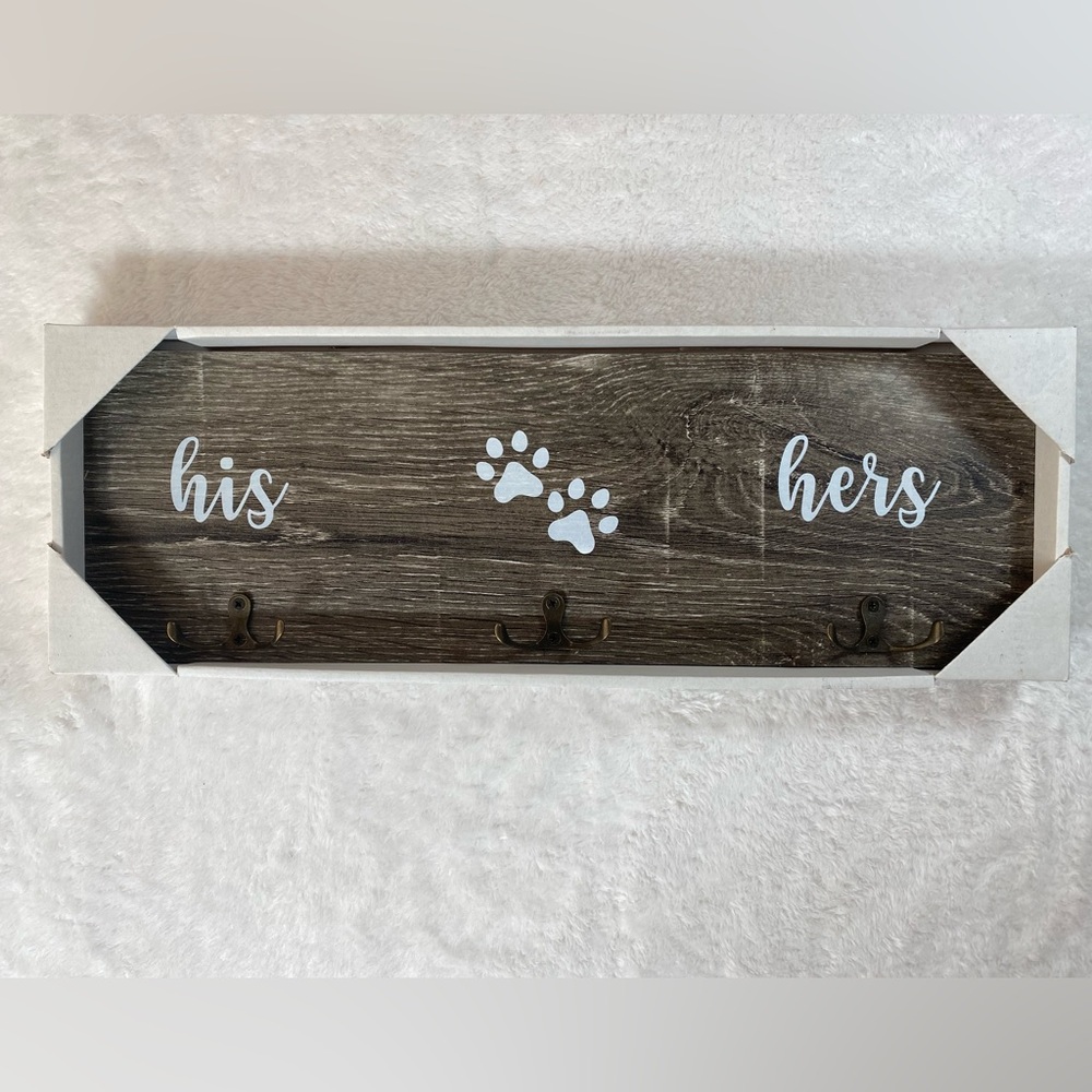 Rustic Wood Wall Hook Rack His Hers Paws Dog Leash Key Holder Entryway Decor